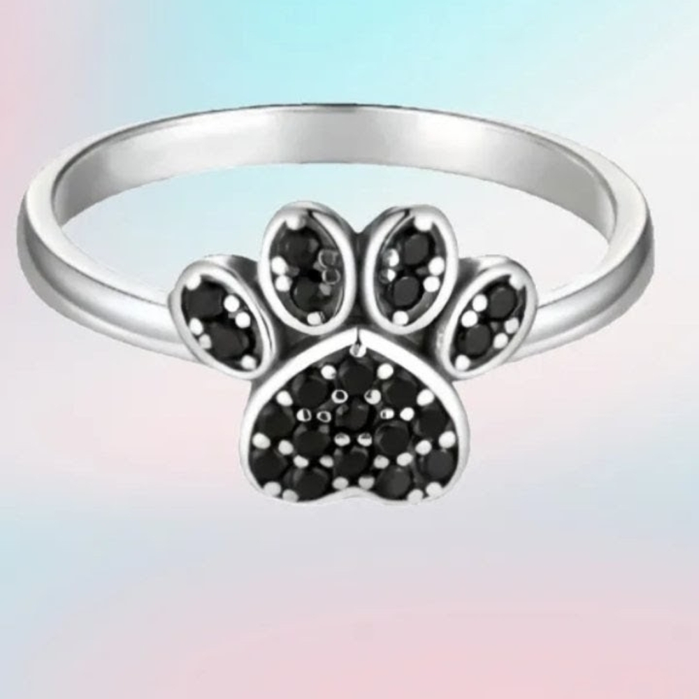 Silver Paw Print Ring with Black Rhinestones Dog Lover Jewelry